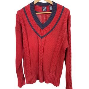 GAP Chunk Cable Knit Red Blue V-Neck Ramie & Cotton Sweater Size Medium